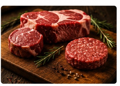 Premium cuts of beef on a wooden board
